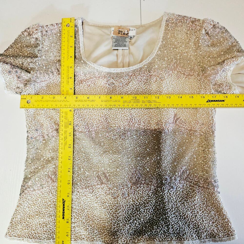 Vintage Adrianna Papell Champagne silk beaded sequined evening Blouse Top 8 - Picture 7 of 8